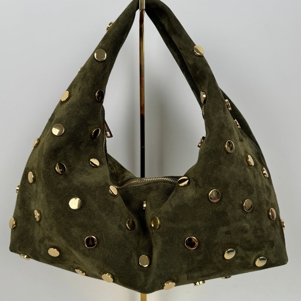 Elegant Olive Green Hobo Shoulder Bag in Genuine Suede Leather - Made in Italy - Picture 2 of 8